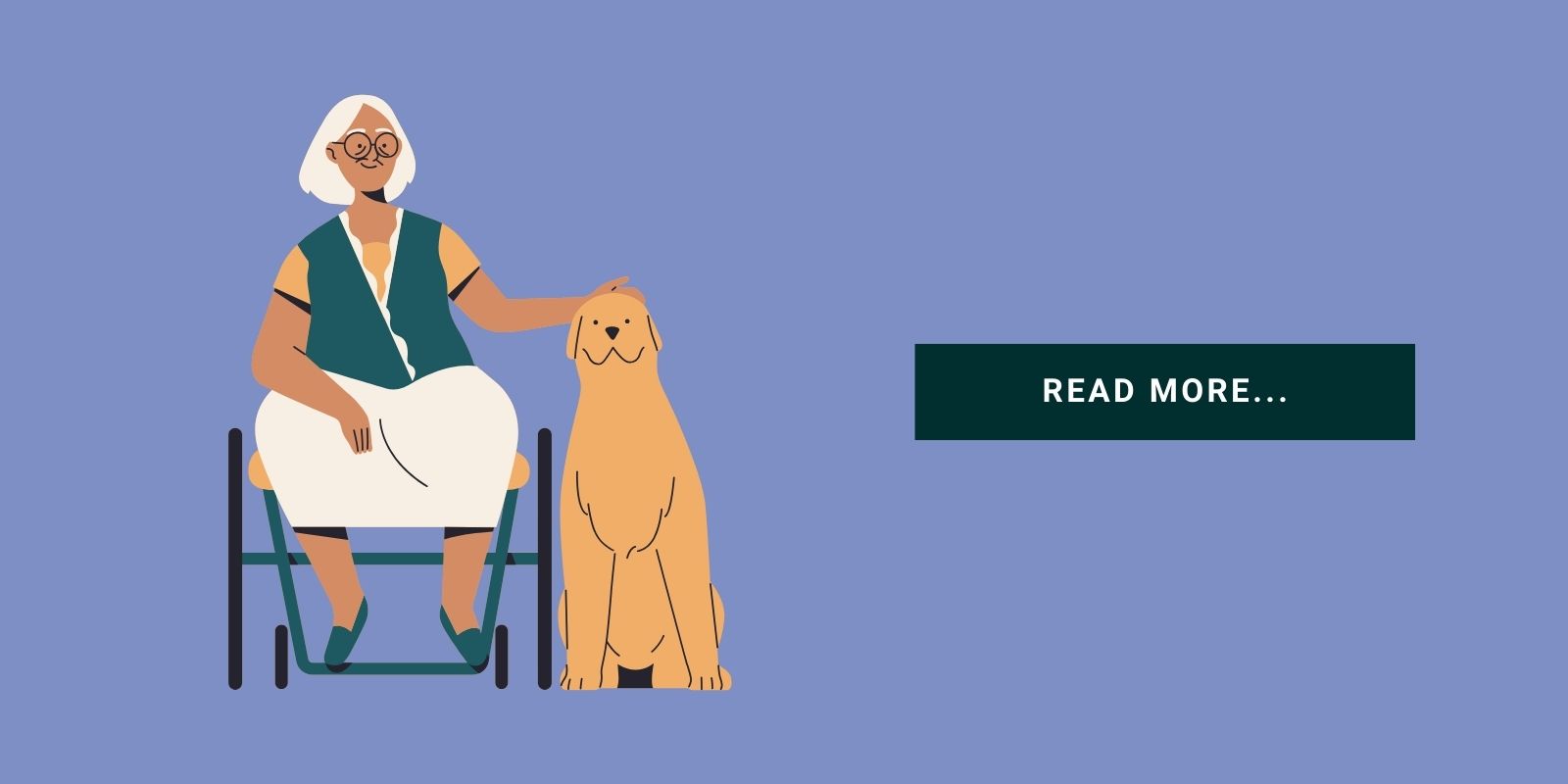 An illustration of a senior petting a dog with a button that says, "Read More..."