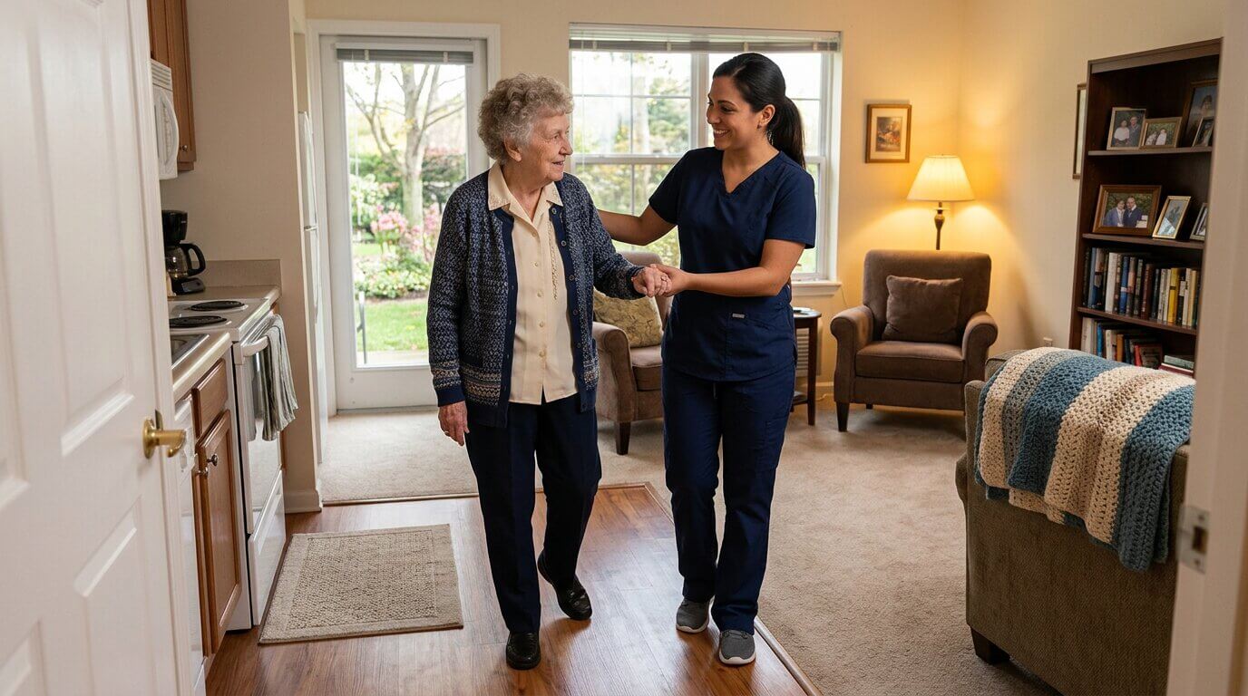 A caregiver helps an older adult cross the living room in their home in personal care