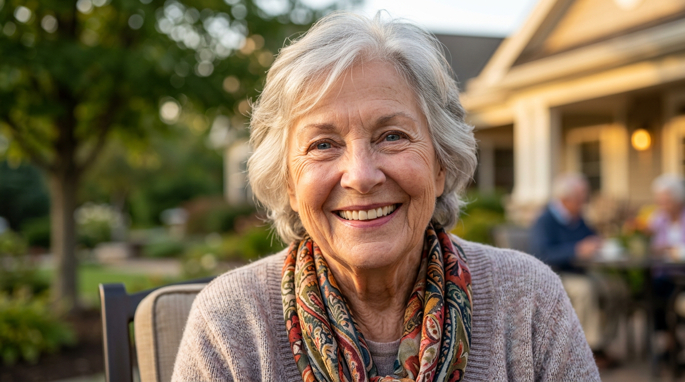 An older adult smiles at the camera in a senior living community.