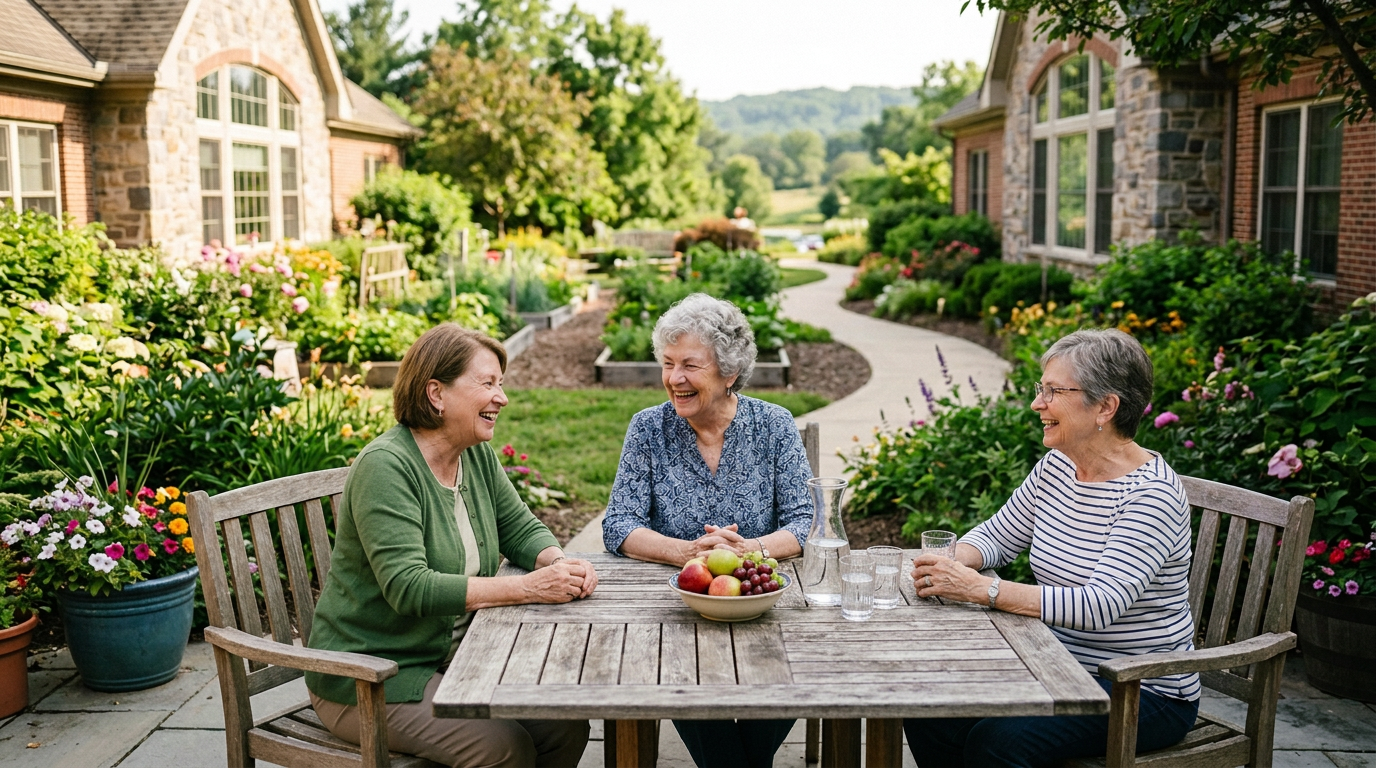 A group of older adults sit at a table and chat in an outdoor garden at a senior living community.