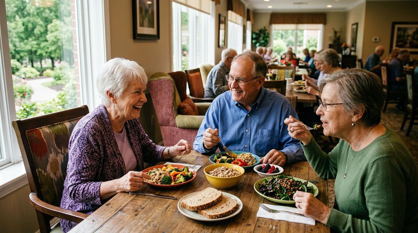 Friends enjoying a colorful, fiber-rich meal with fruits, vegetables, and whole grains on a bright dining table.