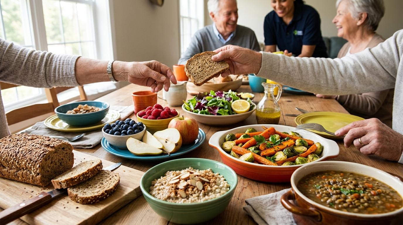 Colorful spread of fresh blueberries, sliced pears, roasted carrots, leafy greens, oats, and lentils on a wooden table.