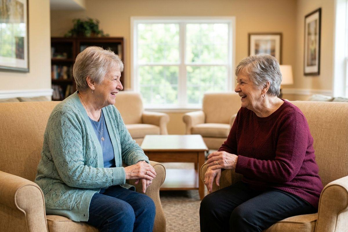 Two seniors talking to each other in a warmly lit room, within a independent living space.