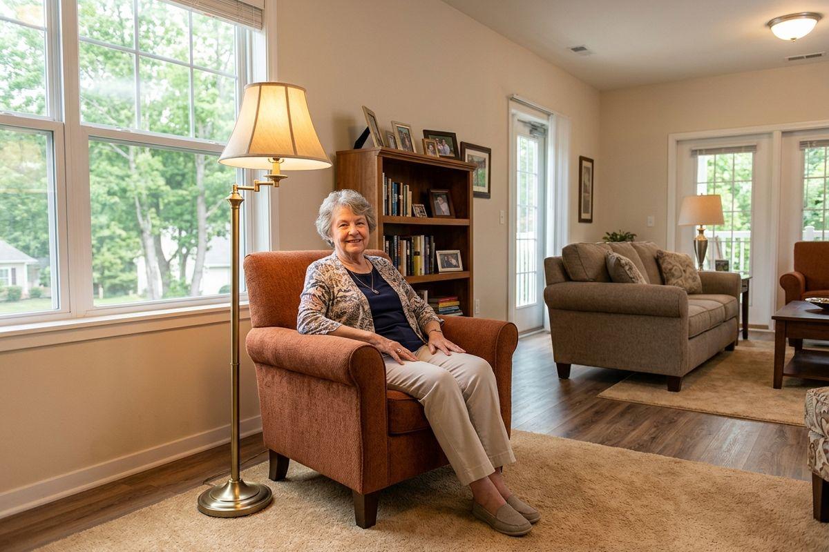 An older adult sitting on a sofa in an independent living community, while smiling.