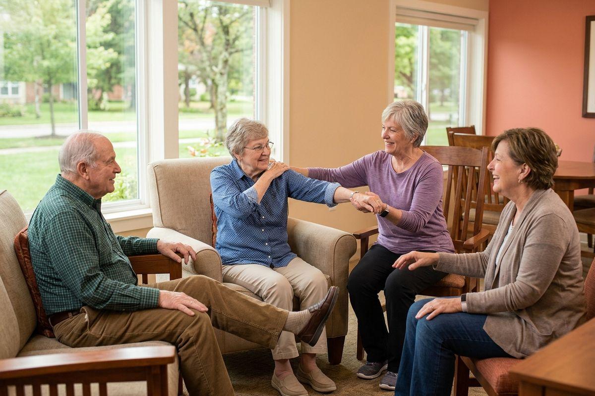 A group of older adults in a community common area, demonstrating different exercises learned in skilled nursing.