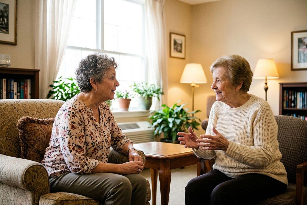 A pair of older adults sit together in a bright, cozy common area, discussing the benefits of therapy in a skilled nursing community.