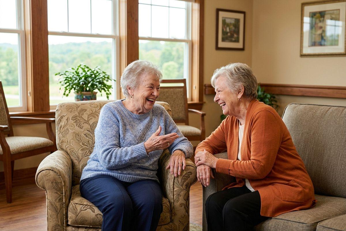Two seniors sit together smiling and laughing in a senior living community.