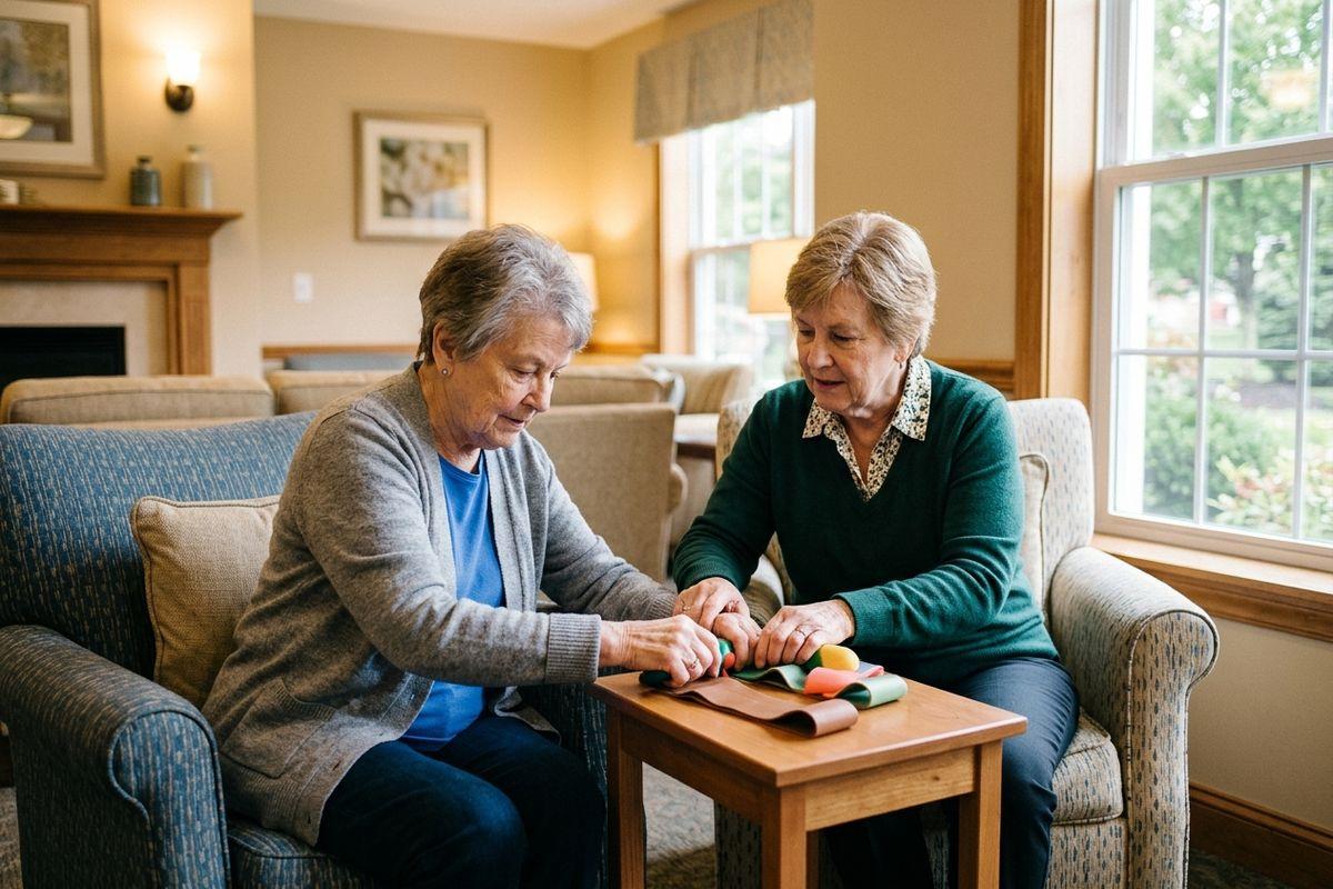 Two seniors engaging in a hand mobility exercise in a long-term skilled care community.