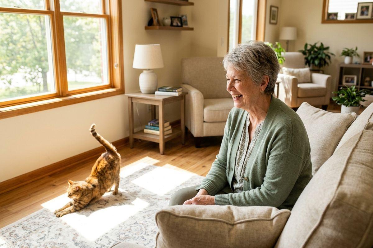 An older adult sits smiling on a sofa in a sunlit living room as a cat stretches on the rug.