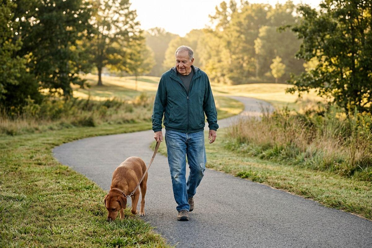 An older adult smiles while walking a dog on a leash along a paved path through a grassy park.